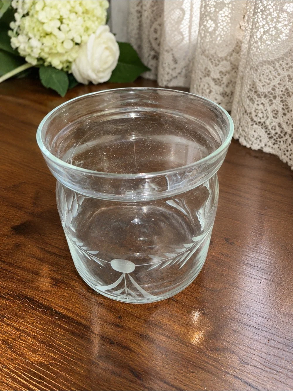 Vintage Etched Glass Jam Jelly Preserve Jar Spoon Rest Lid Floral No Spoon